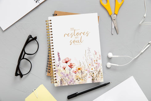 Christian Notebook for Women, Christian Art Gifts Journal, Prayer Journal for Women, Bible Journaling Notebook, PSALM 23:3 He Restores My Soul Floral Spiral Notebook 5.5x8.3 by Ecezatik