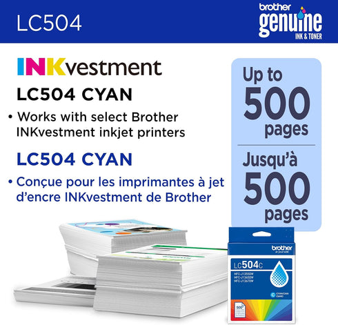Brother LC504C 1355, 1365, 1367 Genuine Standard Yield Cyan Ink Cartridge (for use INKvestment and Printers)