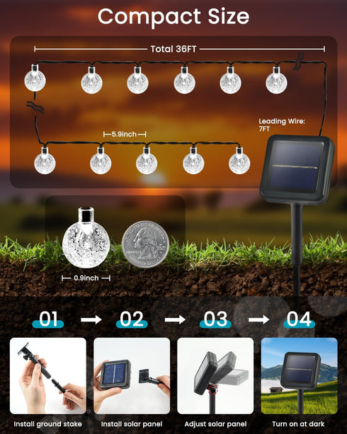 2-Pack 72FT 120 8 LED White Crystal Globe Solar String Lights Outdoor, Waterproof Solar Powered Fairy Lights