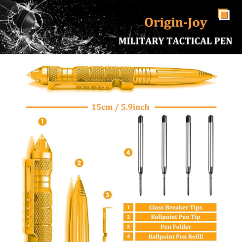 Gift Boxed Tactical Pen, Tungsten Steel Military Self Defense Tool with 8 Refills (Gold)