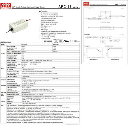 DineDeck APC-16-700 16.8W 9-24V 700mA Constant Current LED Power Supply - Universal AC Input - Compact Design