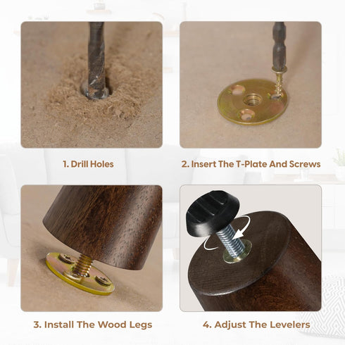 Yes4All 4 Inches Set 4 Round Wood Furniture Legs of - Wooden Replacement Feet for Couch, Bed, Bench - Adjustable Sofa
