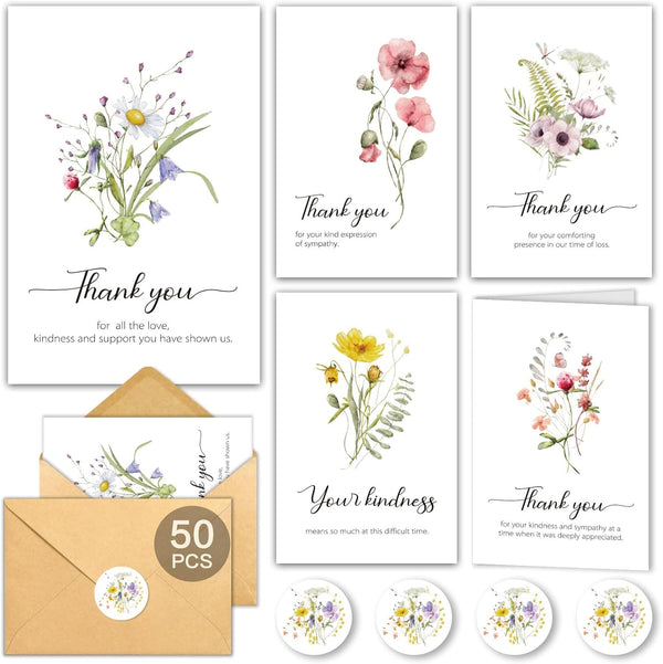 50 Funeral Thank You Cards with Envelopes, 5 Designs, 4x6in Watercolor Wildflower