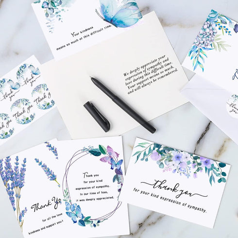 Hunanyume 50 Pack 46 Funeral Thank You Cards with Envelopes, Stickers & Message Inside, in Watercolor Flowers