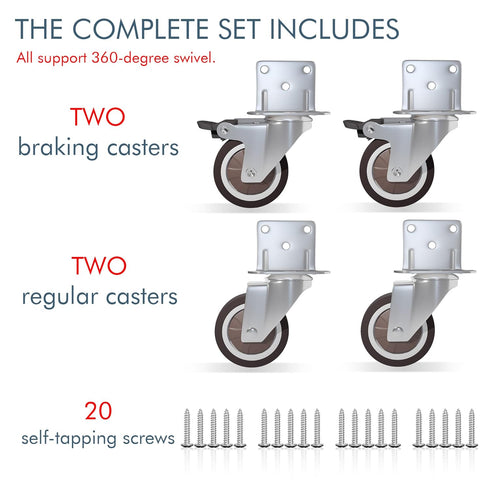 2 Inch 4-Pack 2 2 Side Mount Casters with Swivel & Brake, L-Shape Plate for Furniture, Cabinets, Coffee Tables, Plant
