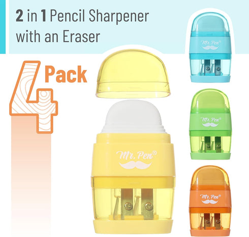Mr. Pen- Pencil Sharpener & Eraser, 4 Pack, Colorful, 2 Sharpening Holes, Pencil Sharpeners Manual, Manual Pencil Sharpener, Pencils Sharpener, Handheld Pencil Sharpener, Small Pencil Sharpener by Mr. Pen