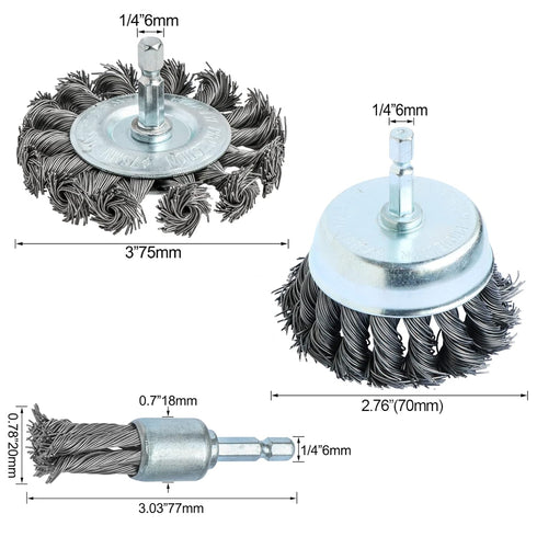 3PCS 3 Inch Knotted Wire Wheel Cup Brush Set, 1/4" Shank for Drill, Perfect for Rust Removal & Paint