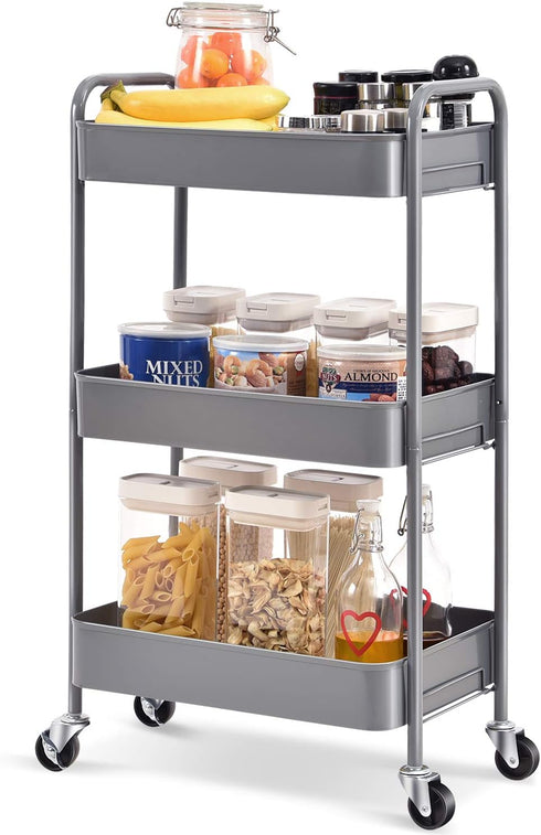 TOOLF 3-Tier Rolling Cart, Metal Utility Cart with Lockable Wheels, Easy Assembly for Office, Kitchen, and More