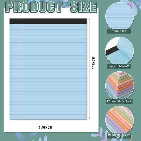 Lincia 12 Pcs Colored Legal Pad Writing Pads, 8.5 x 11 Inch, Wide Ruled, 50 Sheets Each