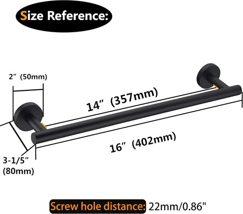 Nolimas Matte Black Bath Towel Bar, Classic Wall Mounted Towel Rack, SUS304 Stainless Steel, 16 Inches