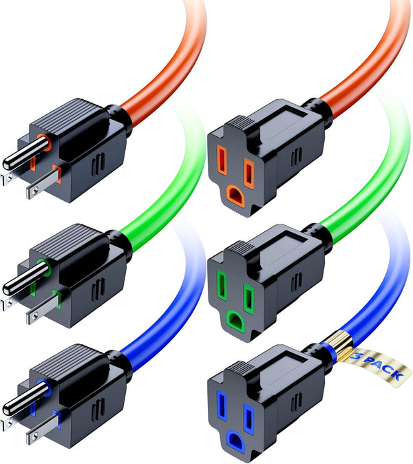 Maximm Extension Cord 1 Ft, 3 Pack Multicolor Power Cords Indoor 16 Gauge Wire SJTW Heavy Duty ETL Listed.
