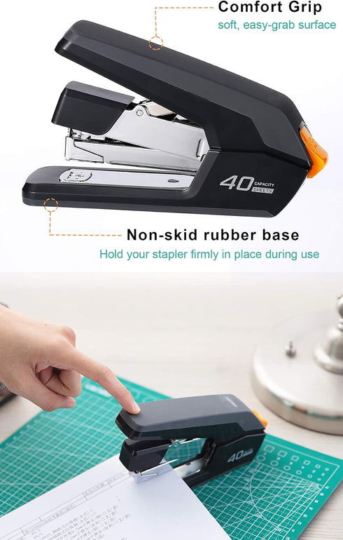 Deli Effortless Desktop Stapler, 40 Sheet Capacity, One Finger Touch Stapling, Ergonomic Heavy Duty, Includes 1500