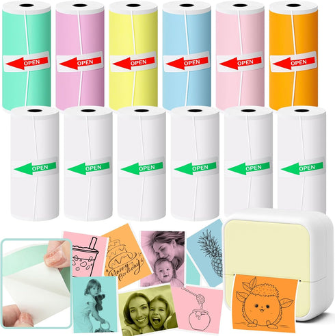 Atnadov Mini Thermal Printer Sticker Paper, 12 Rolls Colored Thermal Sticker Paper Kids
