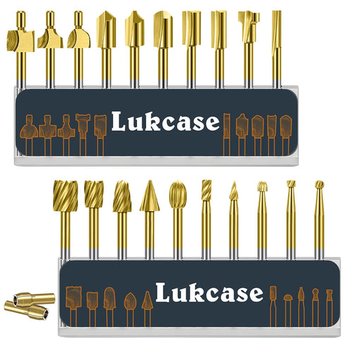 Lukcase Wood Carving Bits Titanium Coated Engraving Router Bit, 20pcs HSS Rotary Burr
