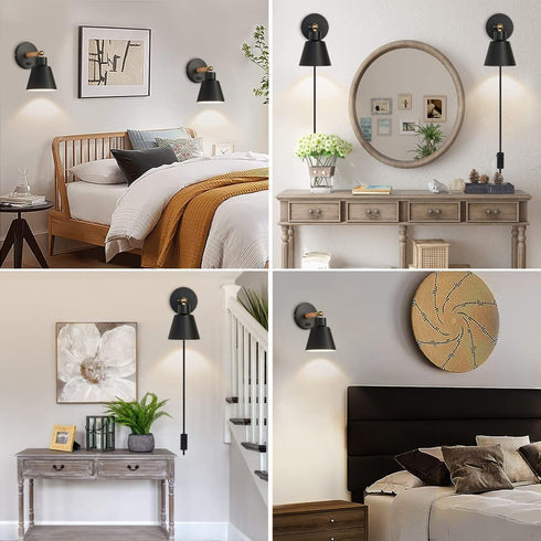 (1, ClanKin Plug in Wall Sconces Lighting, Black Wood Style Wall Sconce Reading Lamp, Adjustable Wall Light for Bedroom