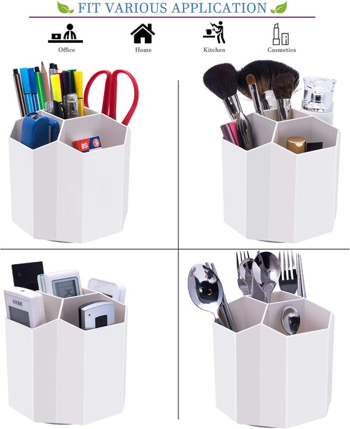 Desk Pencil Pen Holder, 360-Degree Rotating 5 Grid Organizer for Desktop Storage, Home, Office, School, Kids, White