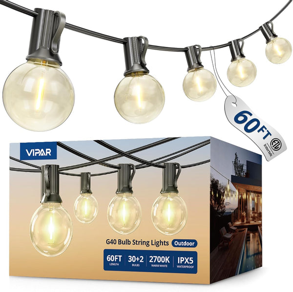 VIPAR Outdoor String Lights, 60FT 32 G40 Bulbs Patio Lights Outdoor Waterproof,