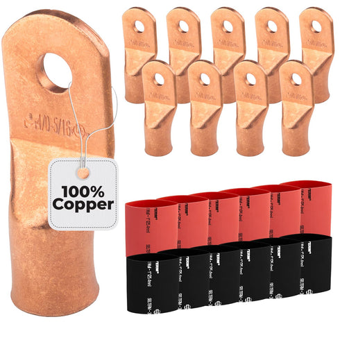 SELTERM 10pcs Battery Lugs Kit - 4/0 Awg Ring Terminal Connectors with 12pcs Heat Shrink Tubing - Heavy Duty Ends