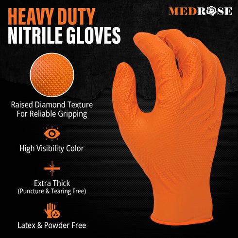 MedRose Disposable Nitrile Gloves –Raised Diamond Texture, Extra Thick, Latex-Free, Powder-Free,Orange Gloves - Ideal for Industrial, Lab, Automotive, and Mechanic Use – XL– 100 Gloves per Box