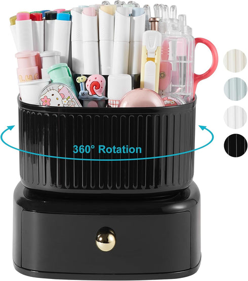 Desk Organizer with Drawer, 5 Slots 360 Degree Rotating Pencil Pen Holder for Office Accessories, Black