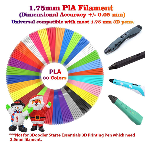 3D Pen Filament Refills, 30 Colors with Bonus 250 Stencils eBooks, Non-Toxic PLA 1.75mm Smooth Printing