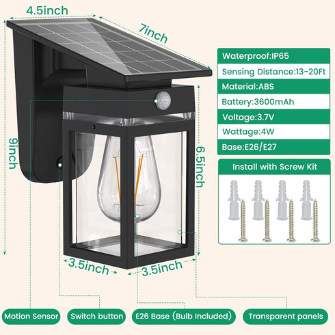 3 IP65 E26 Bulb Solar Porch Lights Outdoor, Dusk to Dawn & Motion Sensor Wall Light with Lantern Shape, Modes