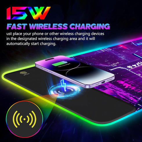 RGB Mouse Pad with 15W Wireless Charging, Purple Anime Neon Extended Large LED Gaming Pad, 10 Light Modes for Home