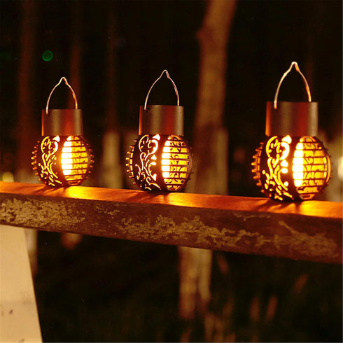 Solar Outdoor Lights Simulation Flame Chandelier Decorative Hanging LED Round Ball Lights