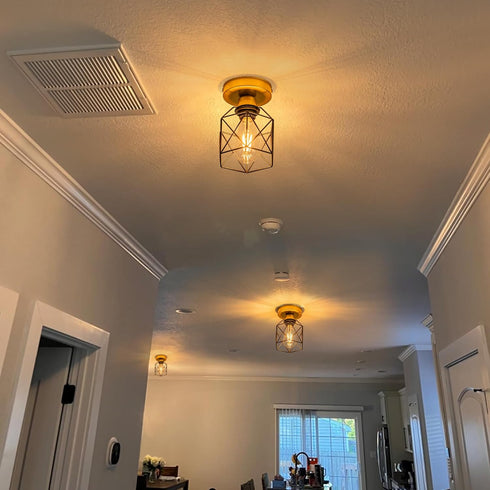Edzemuwa Industrial Ceiling Light, Gold and Black, Metal Cage Shade, Semi-Flush Mount, Geometric Design Caged, Mini