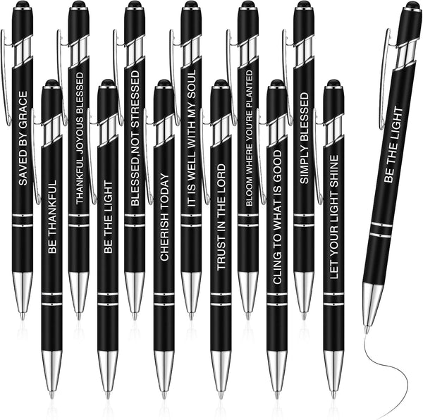 Zonon 12 Pieces Inspirational Motivational Quotes Ballpoint Pens with Stylus Tip, Metal Black Ink Pen Set (Bible Style)
