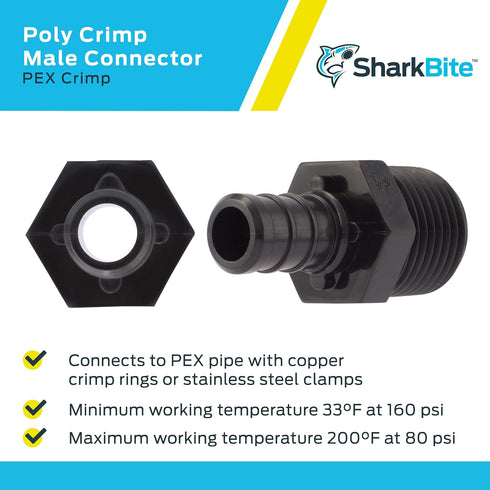 SharkBite 1/2 Inch MNPT Poly Crimp Adapter, Pack of 25 for PEX Pipe, PE-RT, UP120