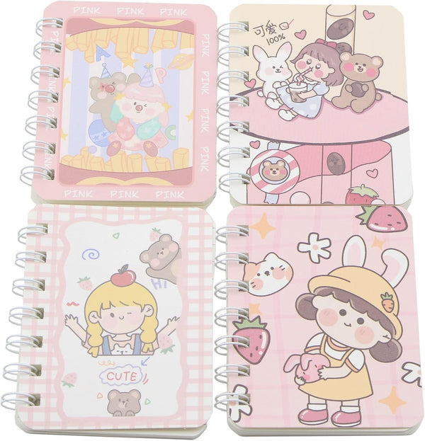 YIKANGHENG Cute Small Spiral Notebook, 4 Pcs, 4 Inch x 3 Inch, 80 Sheets (160 Pages), Pink Soft Cover