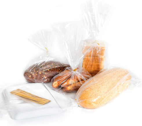 Bread Bags with Ties, 100 Clear Reusable Bags and 100 Ties for Homemade Bread and Bakery Loaf