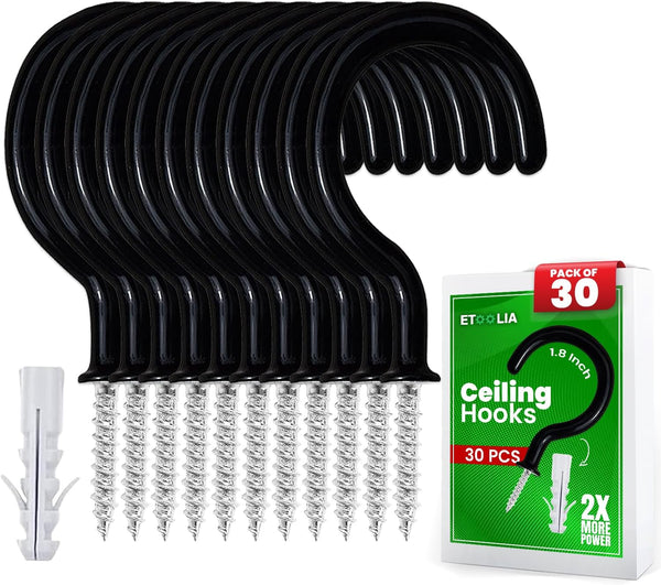 30 pcs Ceiling Hooks for Hanging Plants, Cups, and Utensils - Black Vinyl Coated Screw-in Hooks