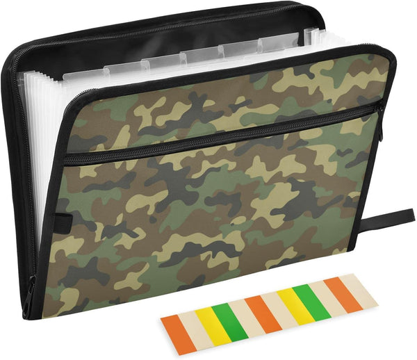 Camouflage Military Army Expanding File Folder, Camo Woodland, A4 Letter Size, Portable Paper Document Organizer