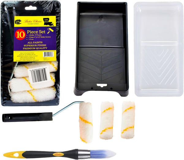 Bates Paint Tray Set, 10 pcs, 4-Inch Paint Roller Kit with Small Paint Roller Brush and Tray