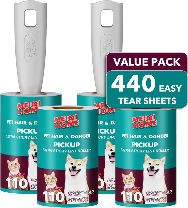 Lint Rollers for Pet Hair, Extra Sticky 440 Sheets Value Set with 2 Upgraded Handles, Portable Pet Lint Remover