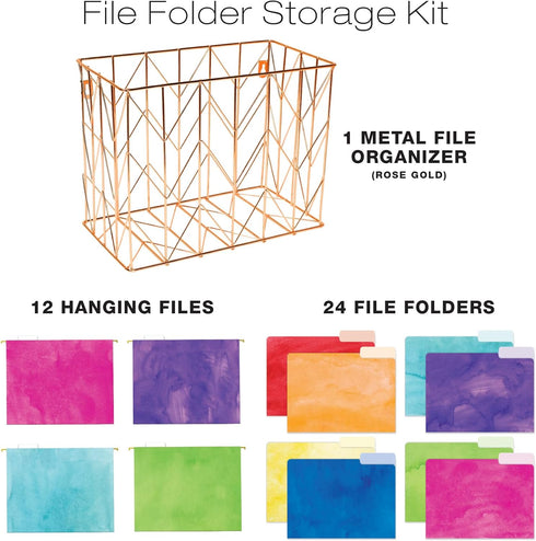 Global Printed Products Deluxe Designer Hanging File Folder Kit - Includes Metal Hanging Basket, 12 Hanging Folders, 24
