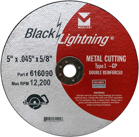 Mercer Industries 616090, 5" x .045 x 5/8" Type 1 Black Lightning Cut-Off Wheels for Metal, 25 Pack