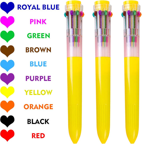 HeTaoCat Multicolor Pens 3 Pack, 0.5mm 10-in-1 Retractable Ballpoint Pens, 10 Colors Transparent Barrel for Office