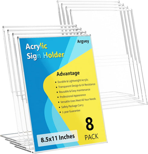8 Pack Acrylic Sign Holder, Clear 8.5 x 11 Inch Slant Back