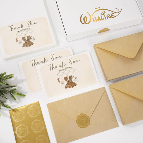 50 Pack Whaline Baby Shower Thank You Cards Boxed Vintage Khaki Cloth Note Card with Envelopes Stickers Greeting Blank