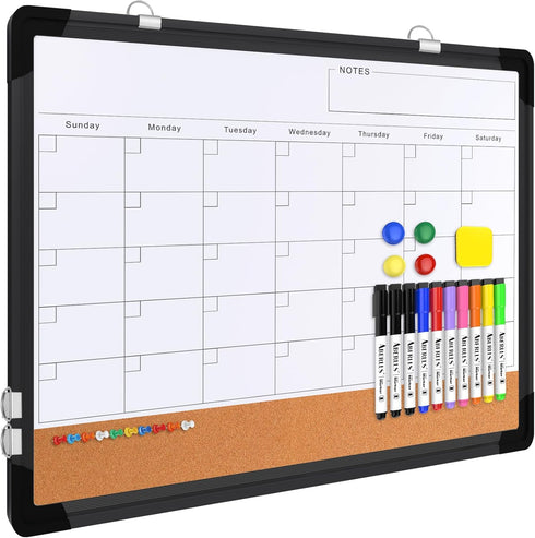 Monthly Calendar Whiteboard 24"x18", Magnetic Dry Erase Cork Board Combination for Office Kitchen Planning