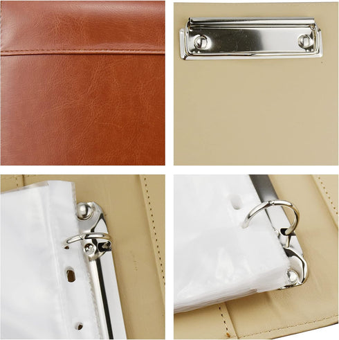 Enyuwlcm PU Leather Padfolio Ring Binder, Clipboard Resume Portfolio with 20 Clear Plastic Sleeves, Brown