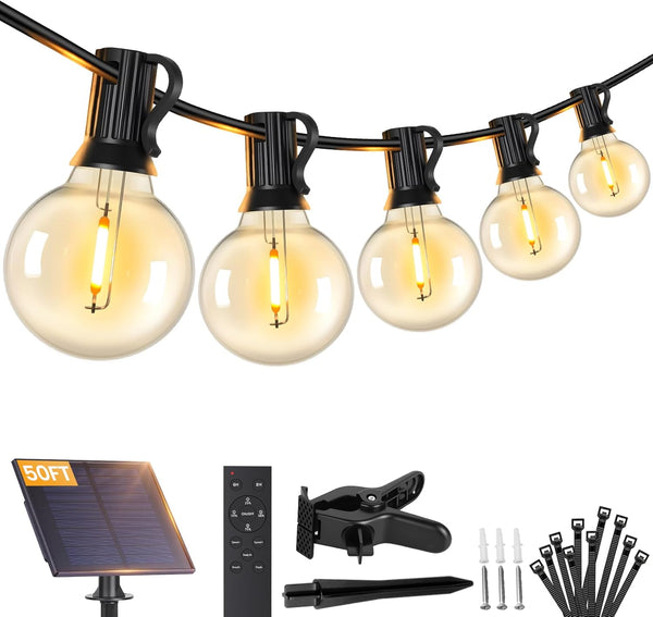 Brightever 50FT Solar String Lights Outdoor with Remote, 18+1 LED Shatterproof G40