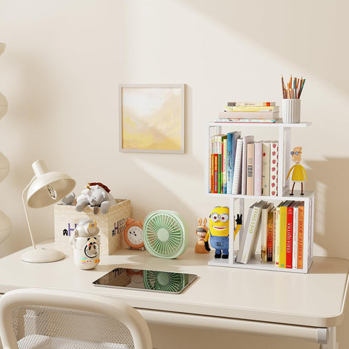 Vfelf 3-Tier Desktop Bookshelf Organizer, White Desk Shelf with Metal Hook Workspace Organizers for Desk Organization