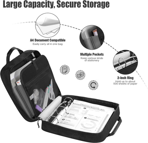 MoKo Zipper Binder, 2 Inch 3 Ring Binder with Zipper, 500 Sheets Capacity, Multi-Pocket Organizer, Black
