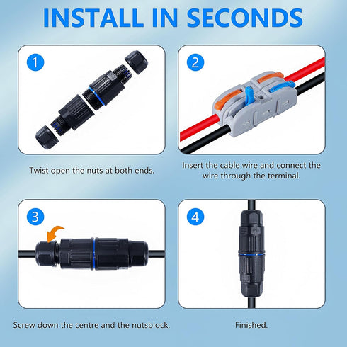 5PCS IP68 Waterproof Junction Box, Outdoor 2 Way Electrical Cable Connector, Quick Screwless Installation for AWG 28-12