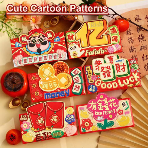 BAIWOVIS 2026-6Pcs Red Envelopes for Chinese New Year Creative Lucky Money Envelope Hongbao of Cute Patterns of Wealth