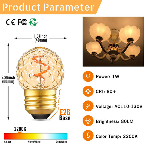 G40 Replacement Night Light Bulbs, Mini Globe Low Watt Light Bulbs, 1W (10W Equivalent), Warm White 2200K, Pack of 2